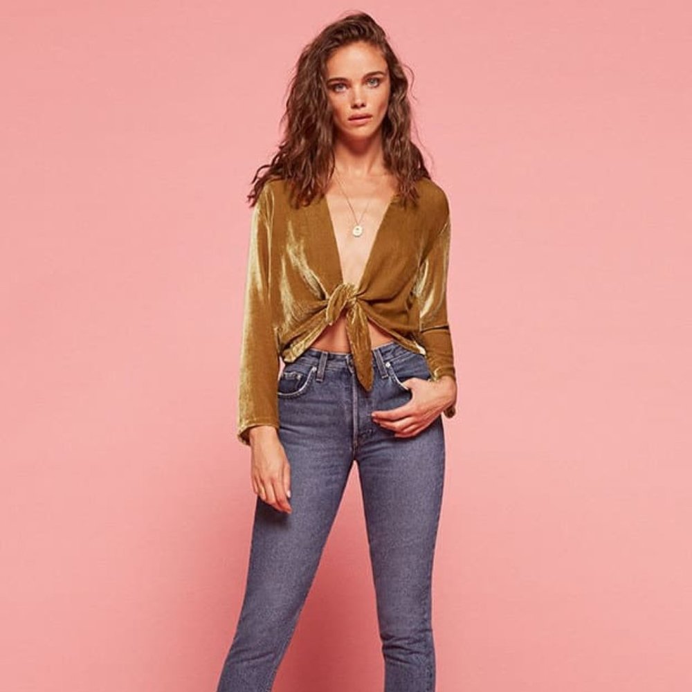 REFORMATION - gold velvet Fez Top - XS